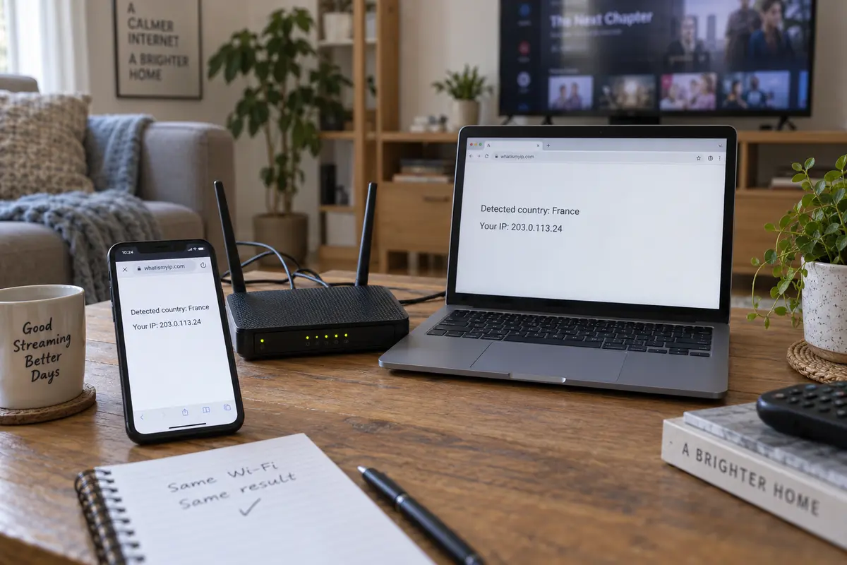 A phone and laptop on the same home Wi-Fi report the same detected country and public IP