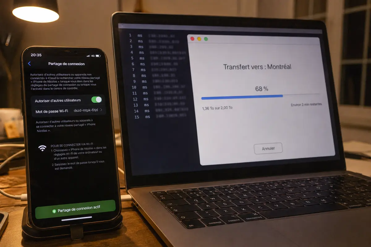 Le même transfert vers Montréal progresse via le partage de connexion mobile