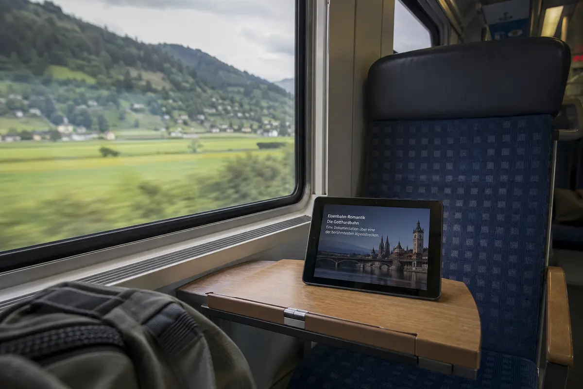 Tablet mit heruntergeladener Dokumentation in einem fahrenden Zug
