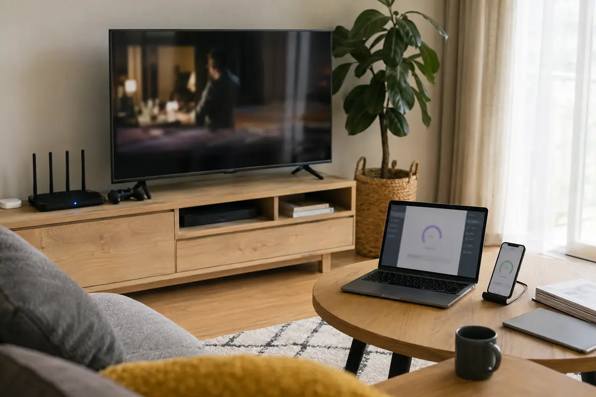 Televisão ligada pelo router enquanto portátil e telemóvel controlam as próprias ligações