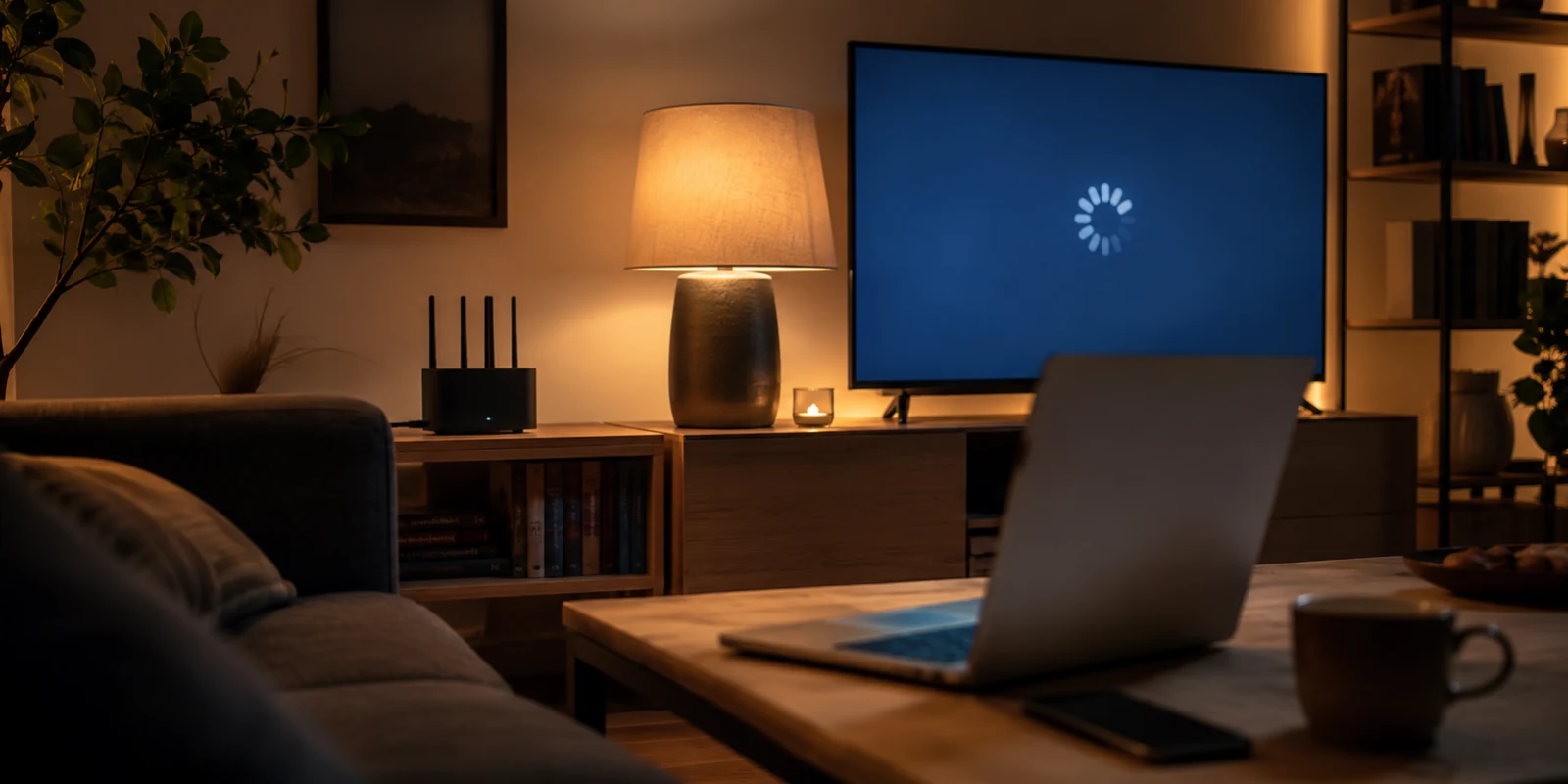 Stockender Fernseher, Laptop und Smartphone in einem Wohnzimmer mit Router