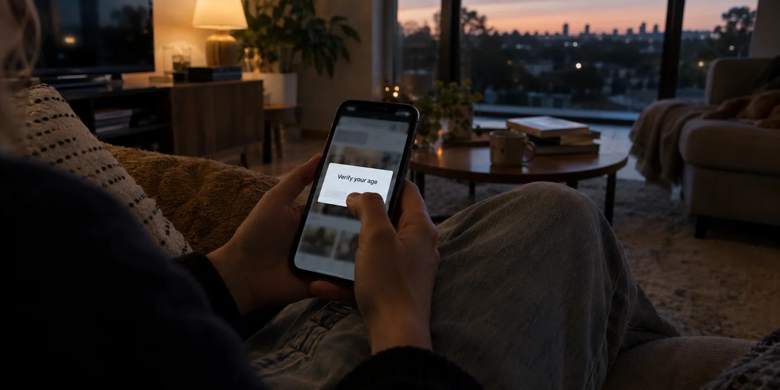 An age verification prompt interrupts social media browsing on a phone at home
