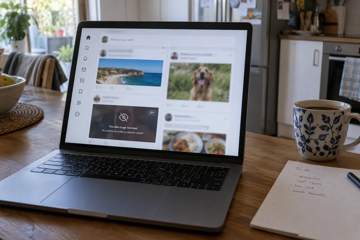 A signed-in social feed on a laptop with one age-restricted video