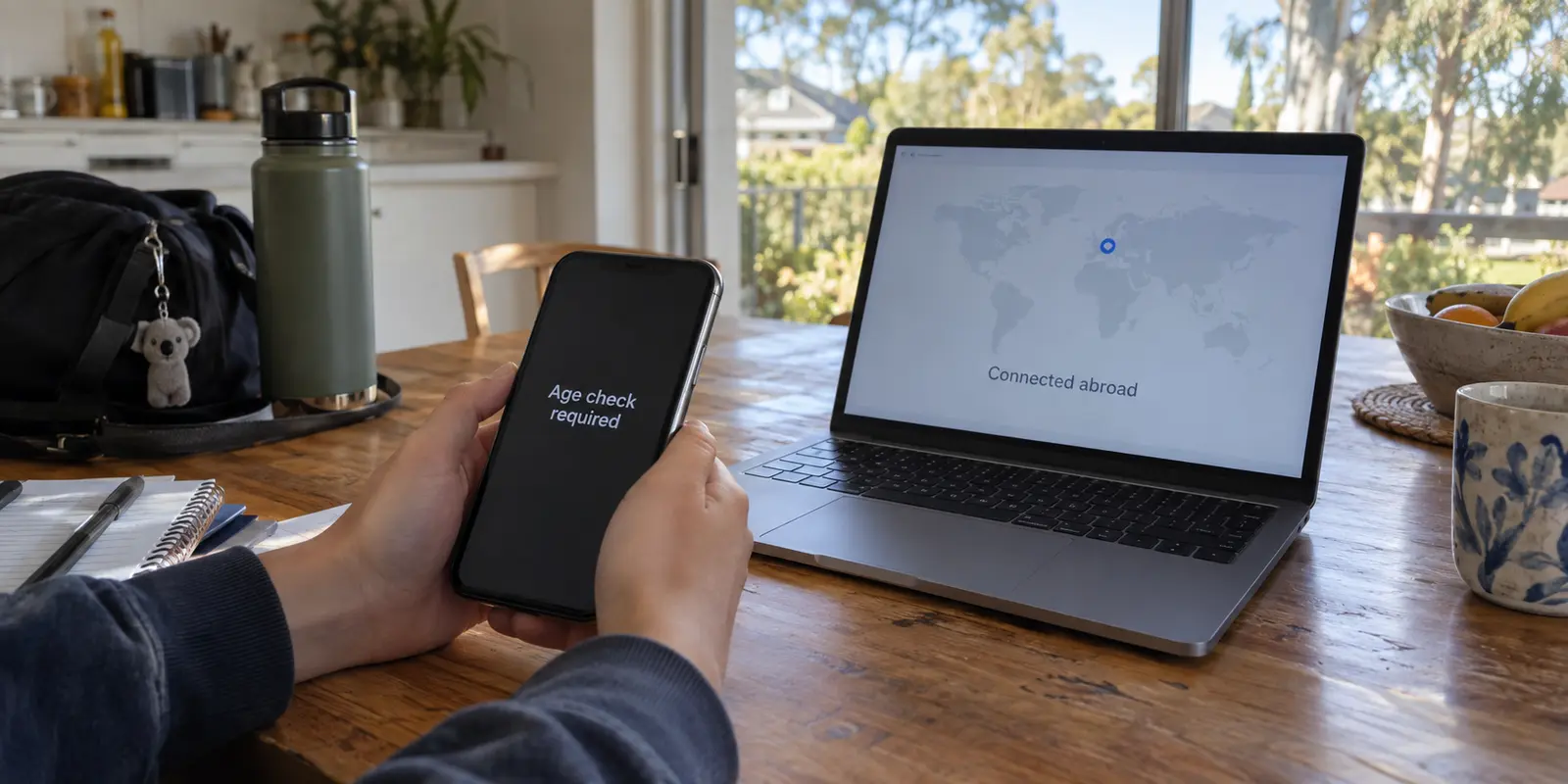 An age-check prompt remains on a phone while a laptop is connected through another country.