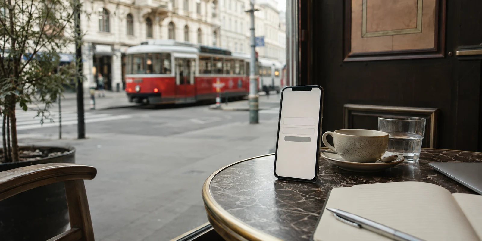 Smartphone mit unterbrochener Einrichtung in einem Wiener Café