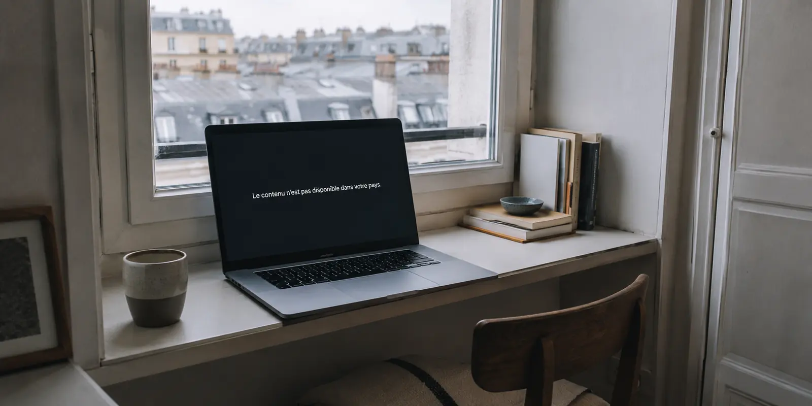 Un ordinateur portable affiche le message indiquant que le contenu n’est pas disponible dans le pays, dans un appartement français