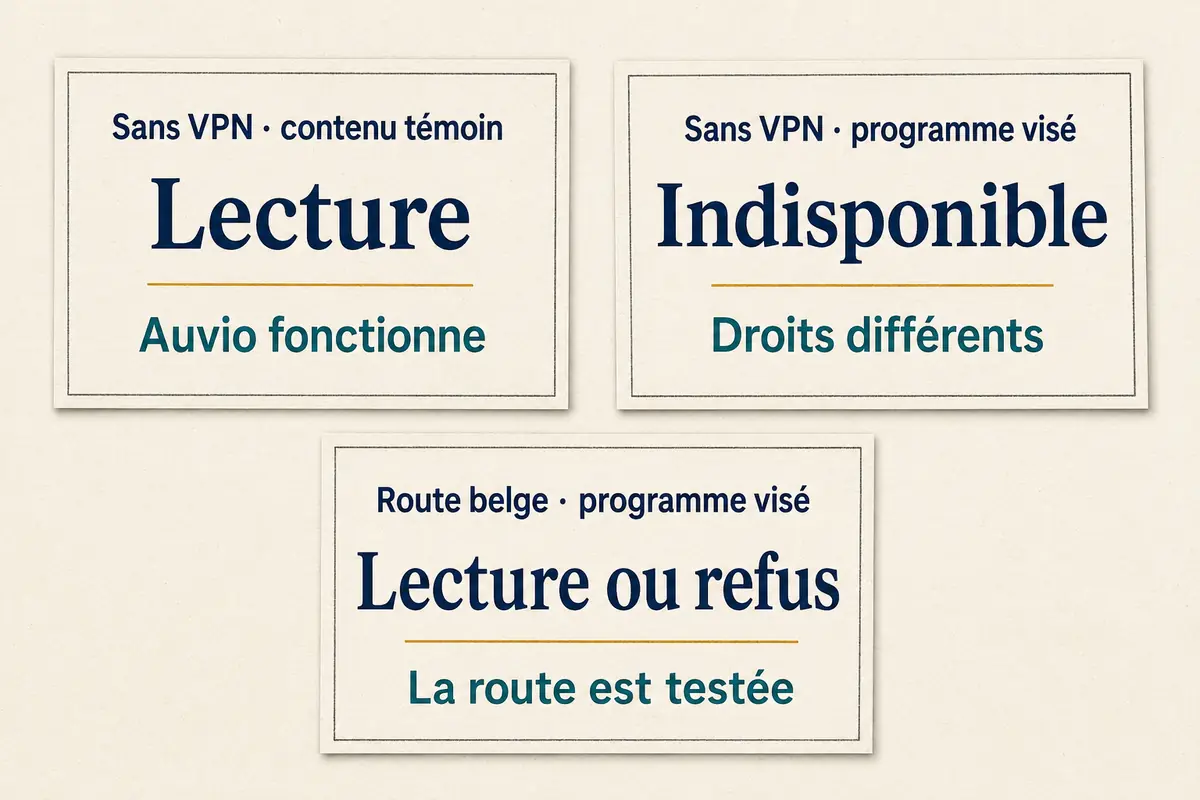 Trois cartes résument le test du contenu témoin, du programme visé et de la route belge