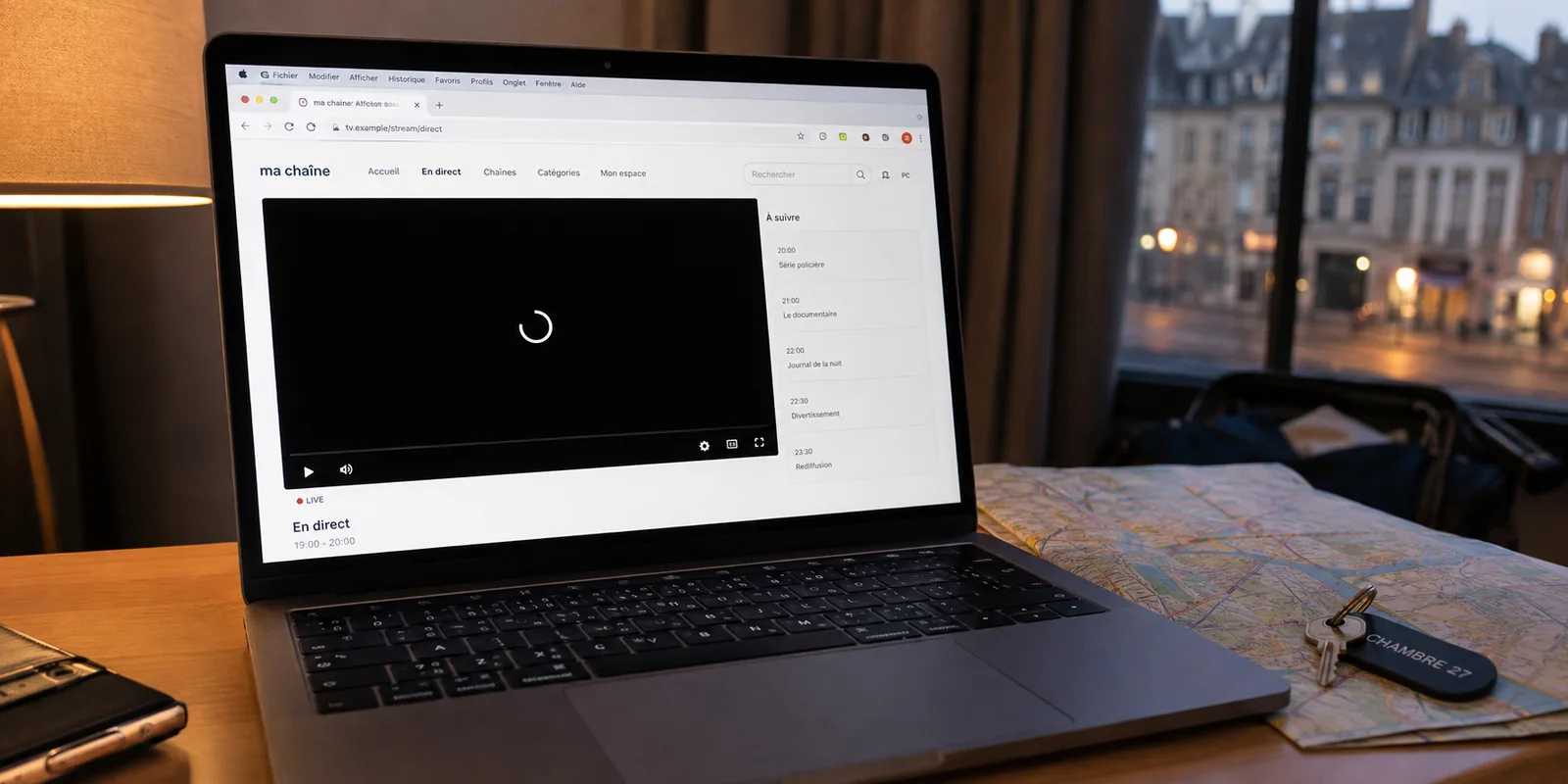 Lecteur de streaming bloqué sur un écran noir dans un logement de voyage.