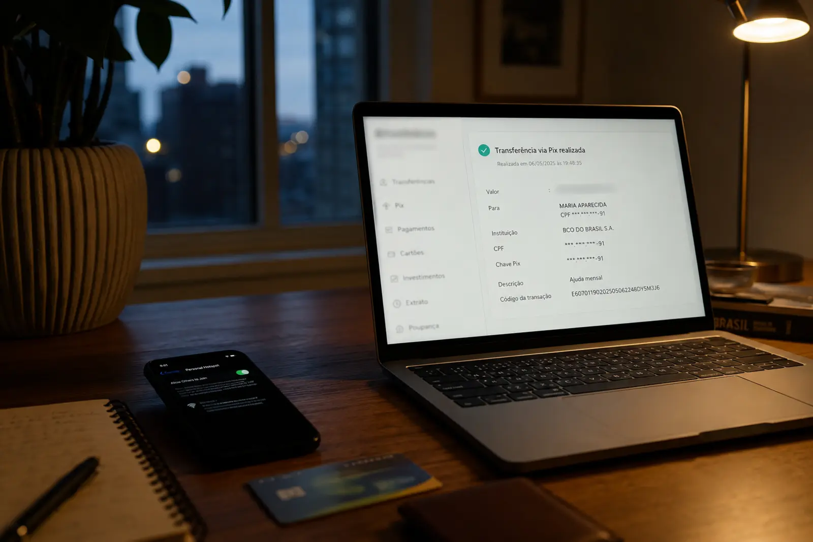 Notebook mostrando um comprovante de Pix em uma mesa nos Estados Unidos