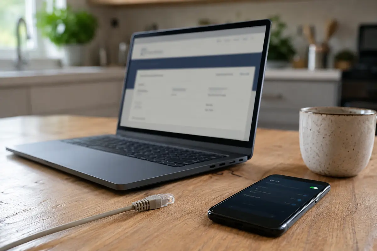 Notebook e telefone durante uma mudança de rede doméstica