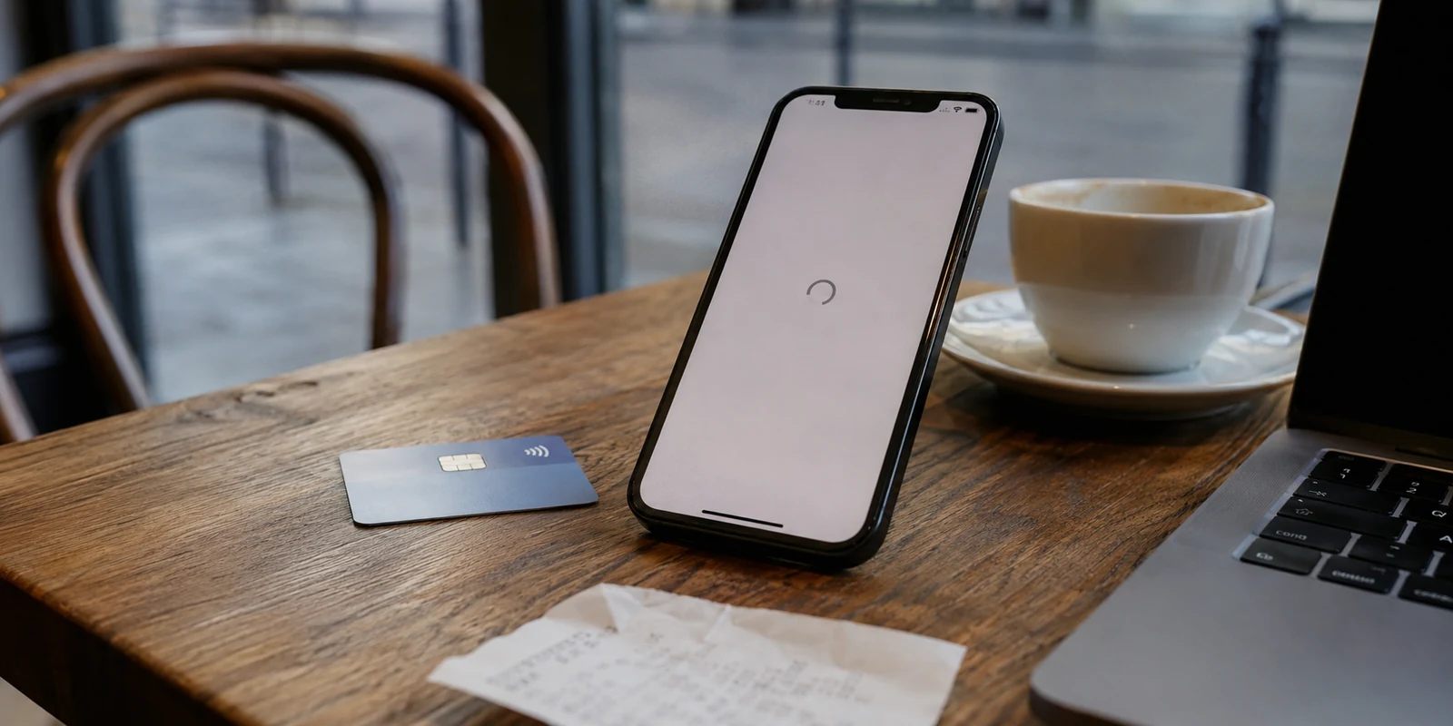 Smartphone affichant une connexion bancaire qui reste en attente sur une table de café