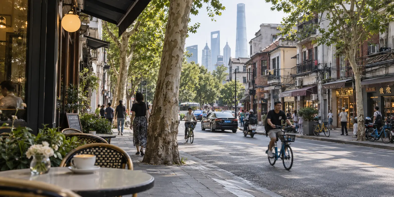 A lived-in Shanghai street seen from a café terrace