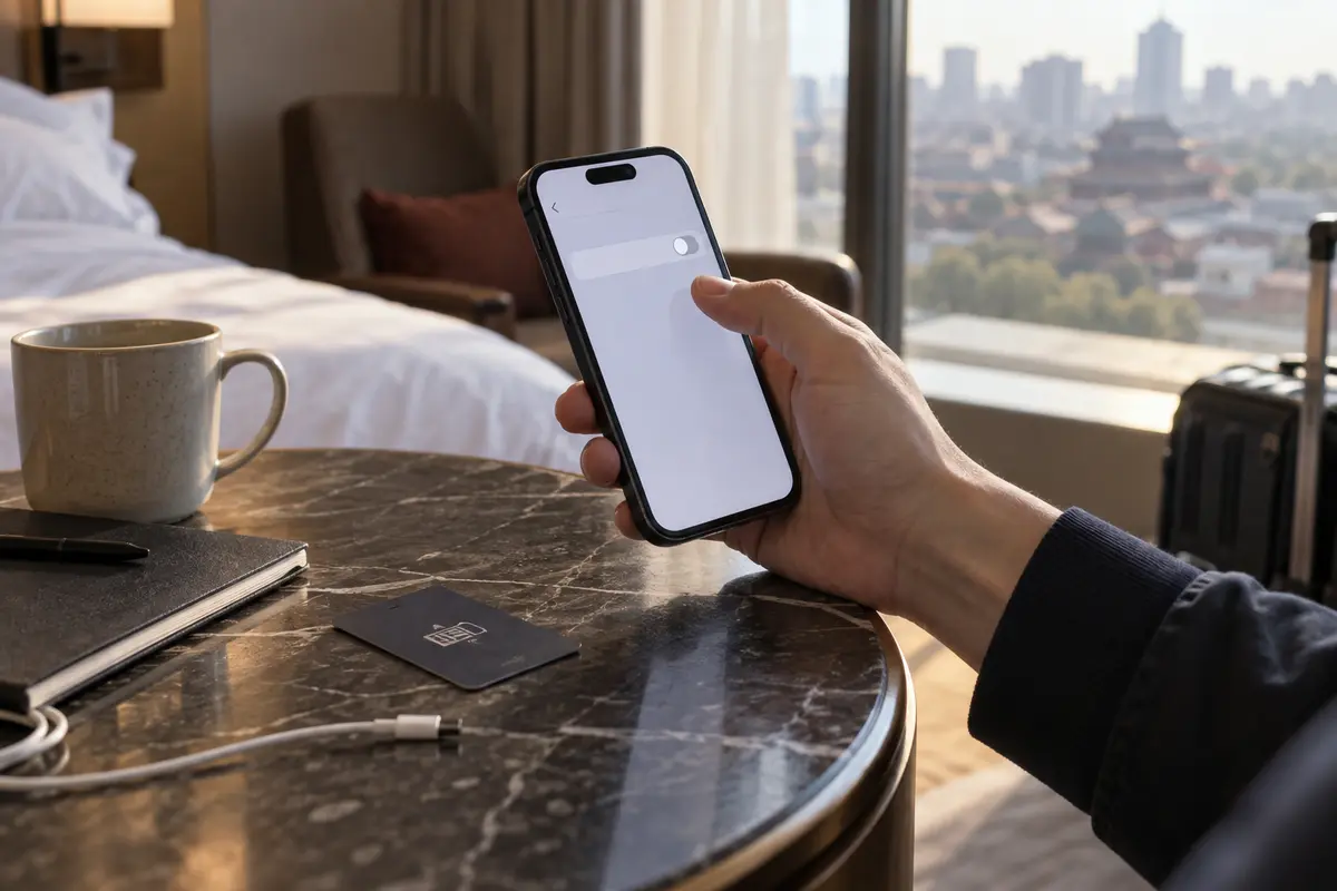 A traveler briefly disconnects a phone VPN in a Beijing hotel room