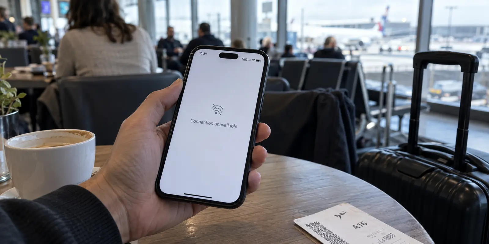 A traveler sees a connection unavailable message on a phone at an airport