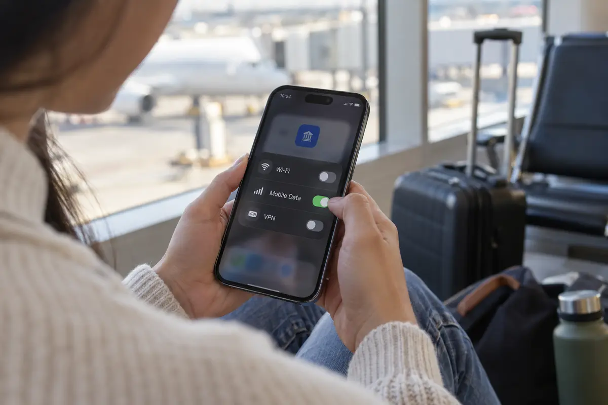 A traveler switches from airport Wi-Fi to mobile data with the VPN off
