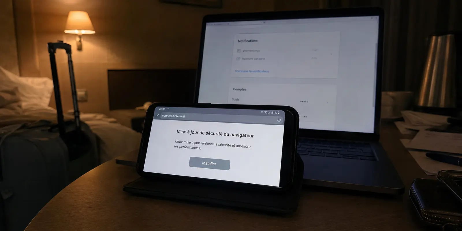 Un portail Wi-Fi d’hôtel demande une mise à jour de sécurité suspecte avant une opération bancaire