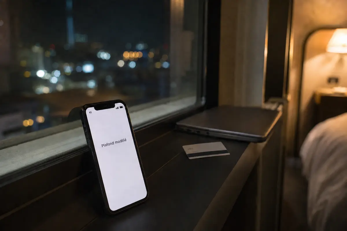 Une opération bancaire est terminée en 4G près de la fenêtre de l’hôtel