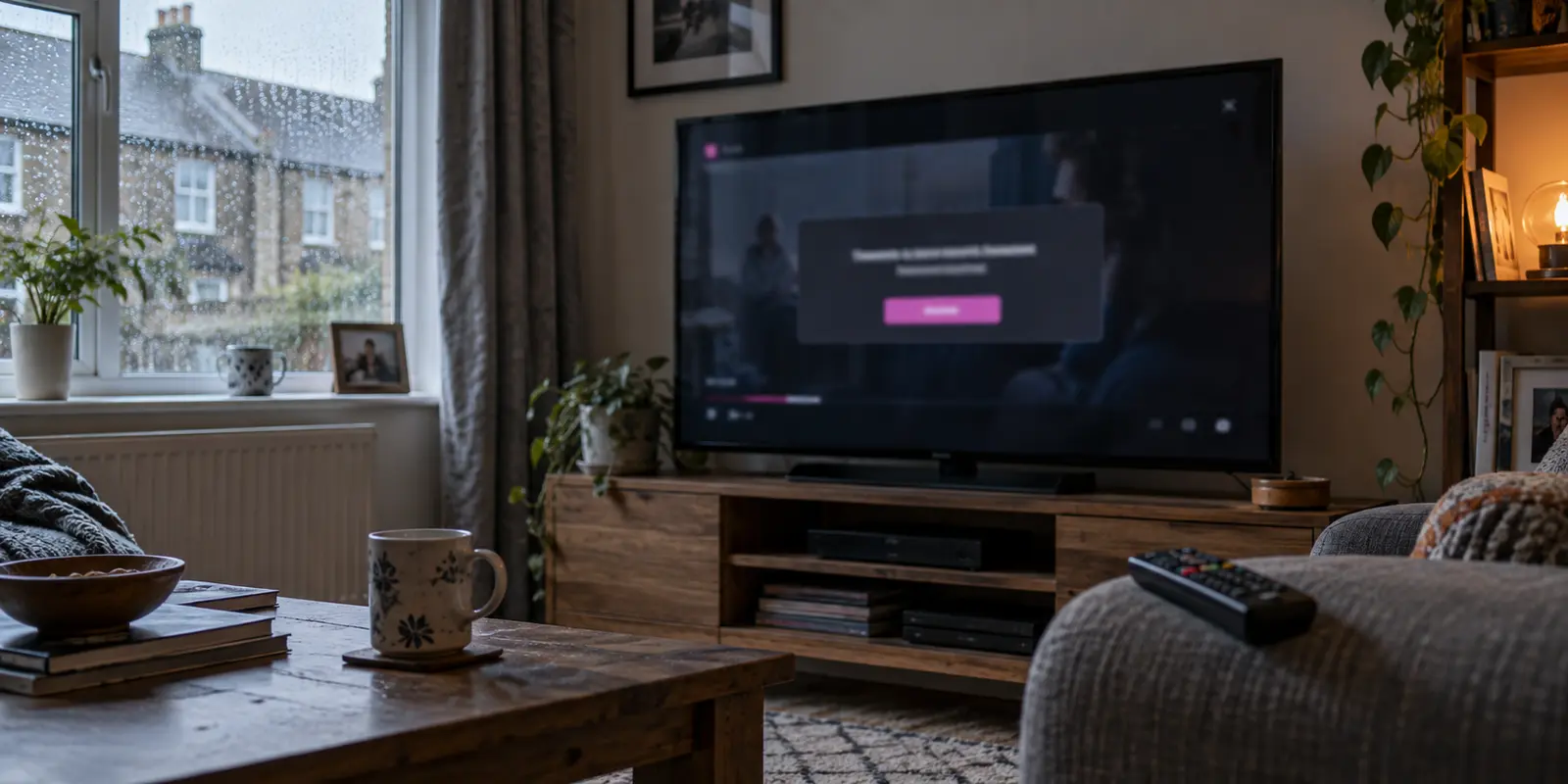 A UK streaming programme is stopped by a location warning on a living-room television