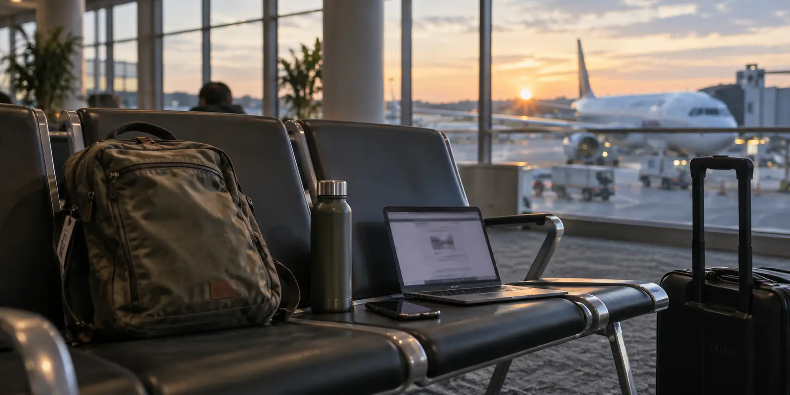 A budget traveler's laptop, phone and carry-on at an airport gate before sunrise