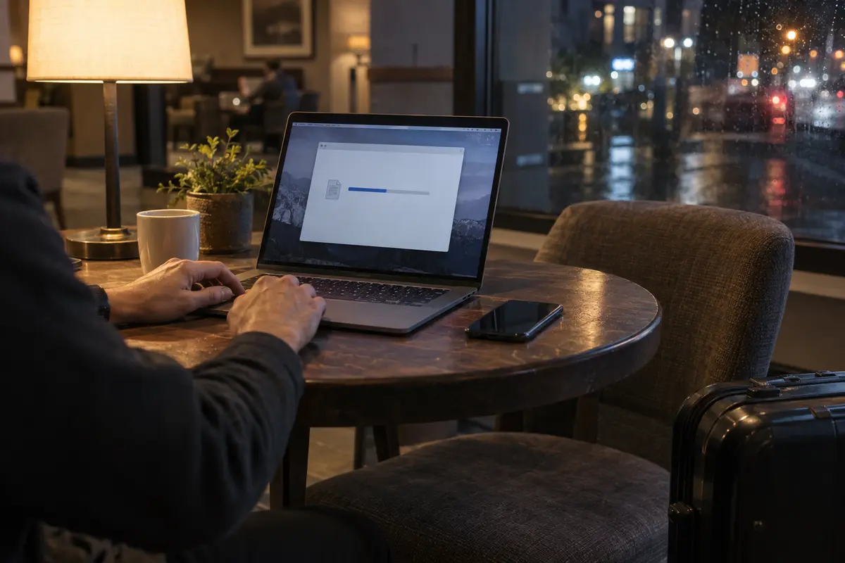 A work file upload stalled on a laptop in a hotel lobby at night