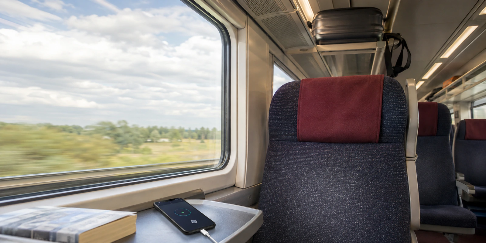 A small iPhone shows a simple connected state on a tray inside a bright intercity train with a carry-on overhead