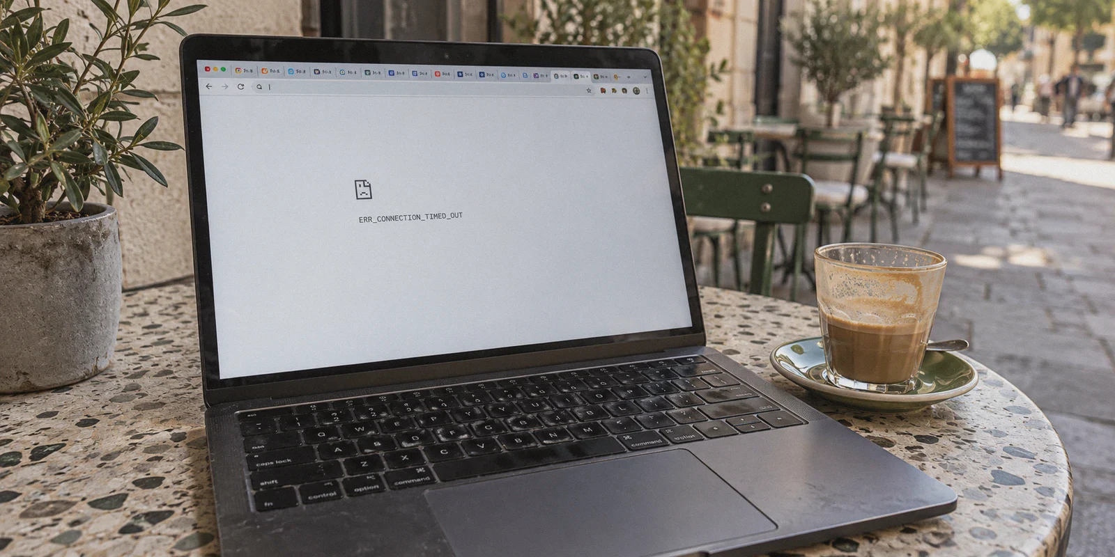 Browser timeout on a cafe laptop with many tabs open.