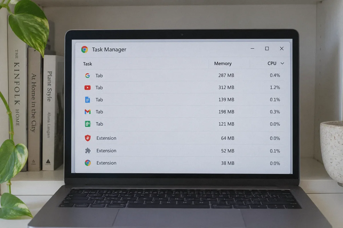 Browser task manager showing tab and extension processes.