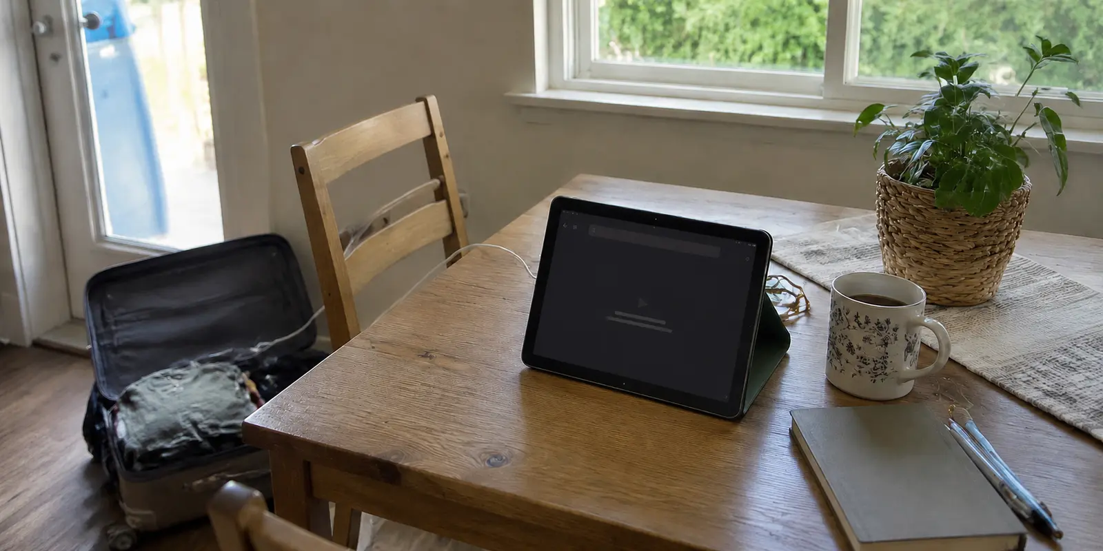 A tablet showing an empty streaming search in a daylight vacation rental beside an open suitcase