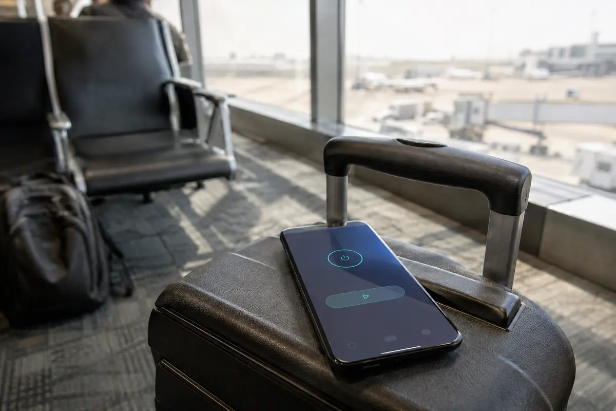 A phone with a simple connected streaming preset resting on a carry-on at an airport gate