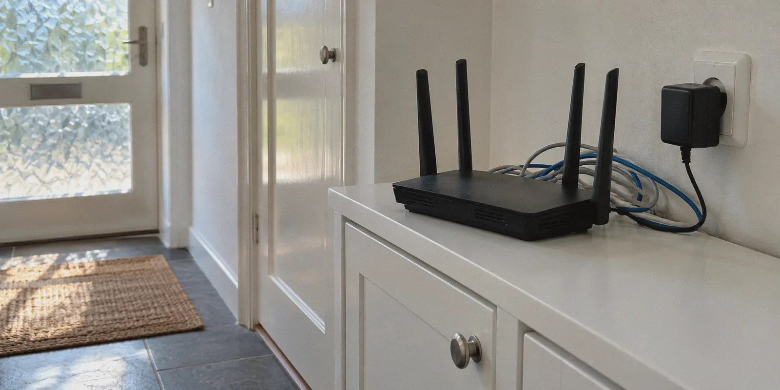 A household router on a hallway utility shelf.