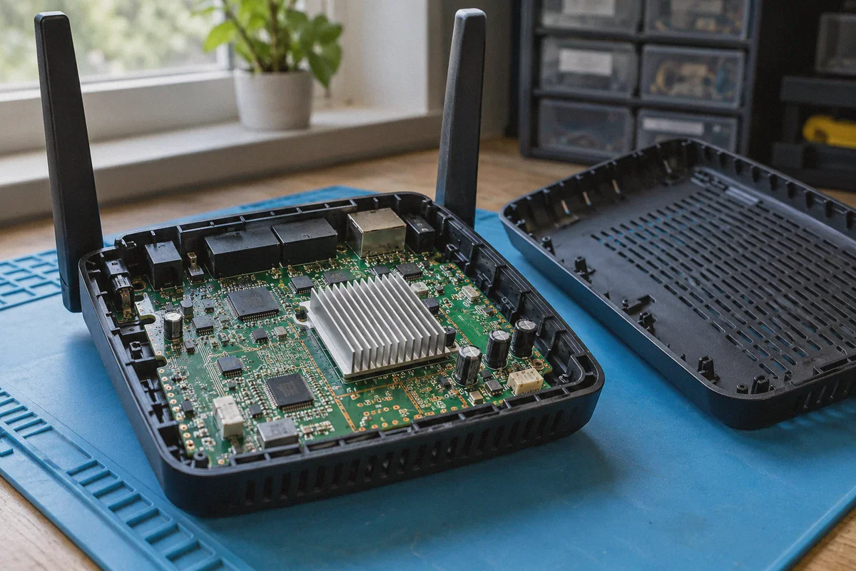 A router circuit board and its small processor heatsink.