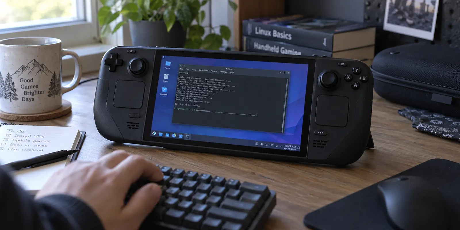 Handheld gaming PC in Linux Desktop Mode installing software from a terminal