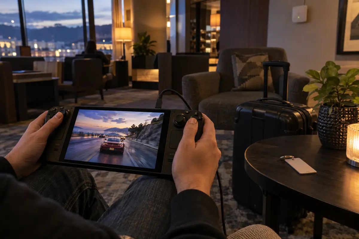 Steam Deck being used on shared hotel lounge Wi-Fi while traveling