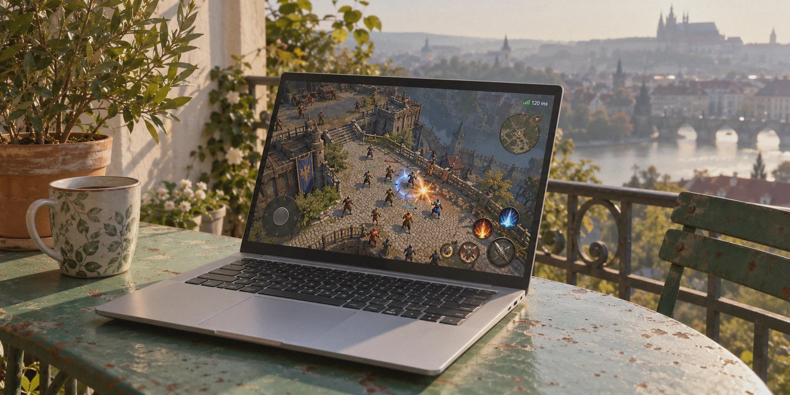 A laptop shows an isometric fantasy game and a latency readout.