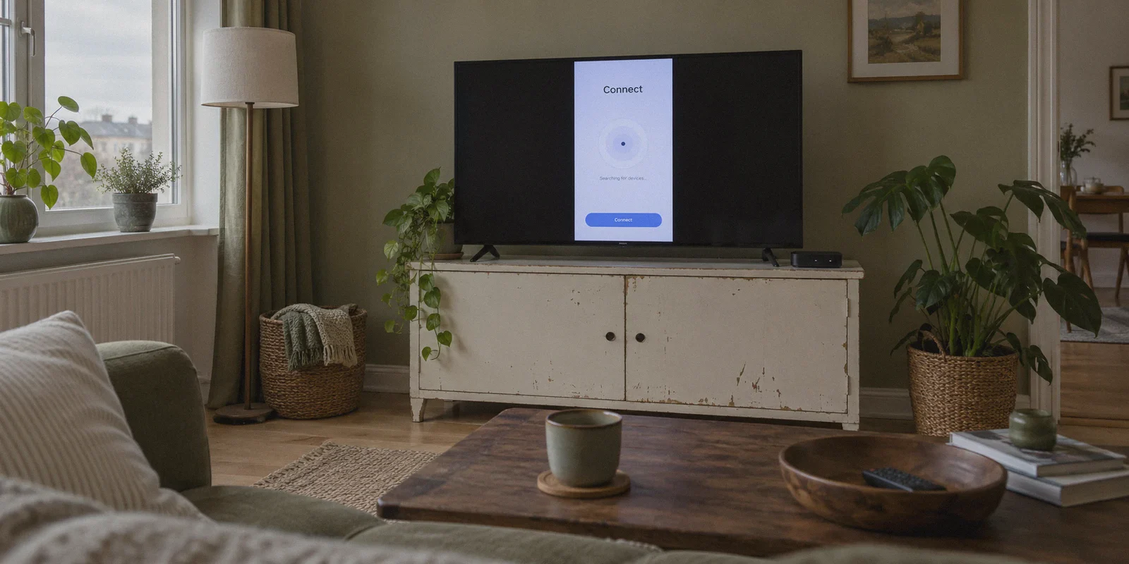 A phone-shaped app interface on a widescreen television with an Android TV box.