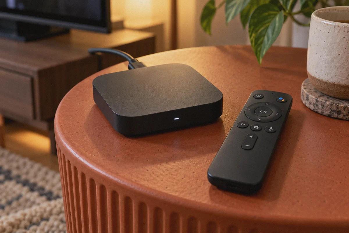 A directional-pad remote beside a compact TV streaming box.