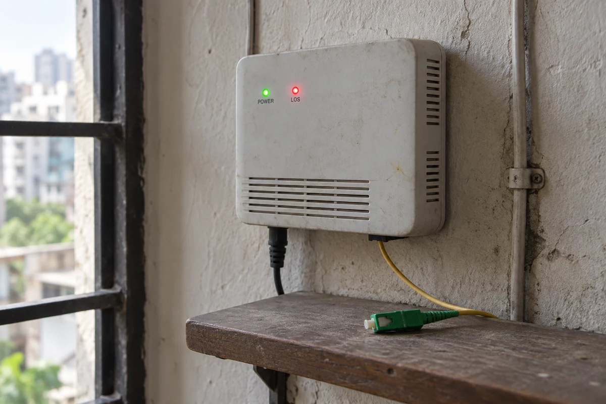 An optical network terminal with a loss-of-signal light and disconnected fiber lead.