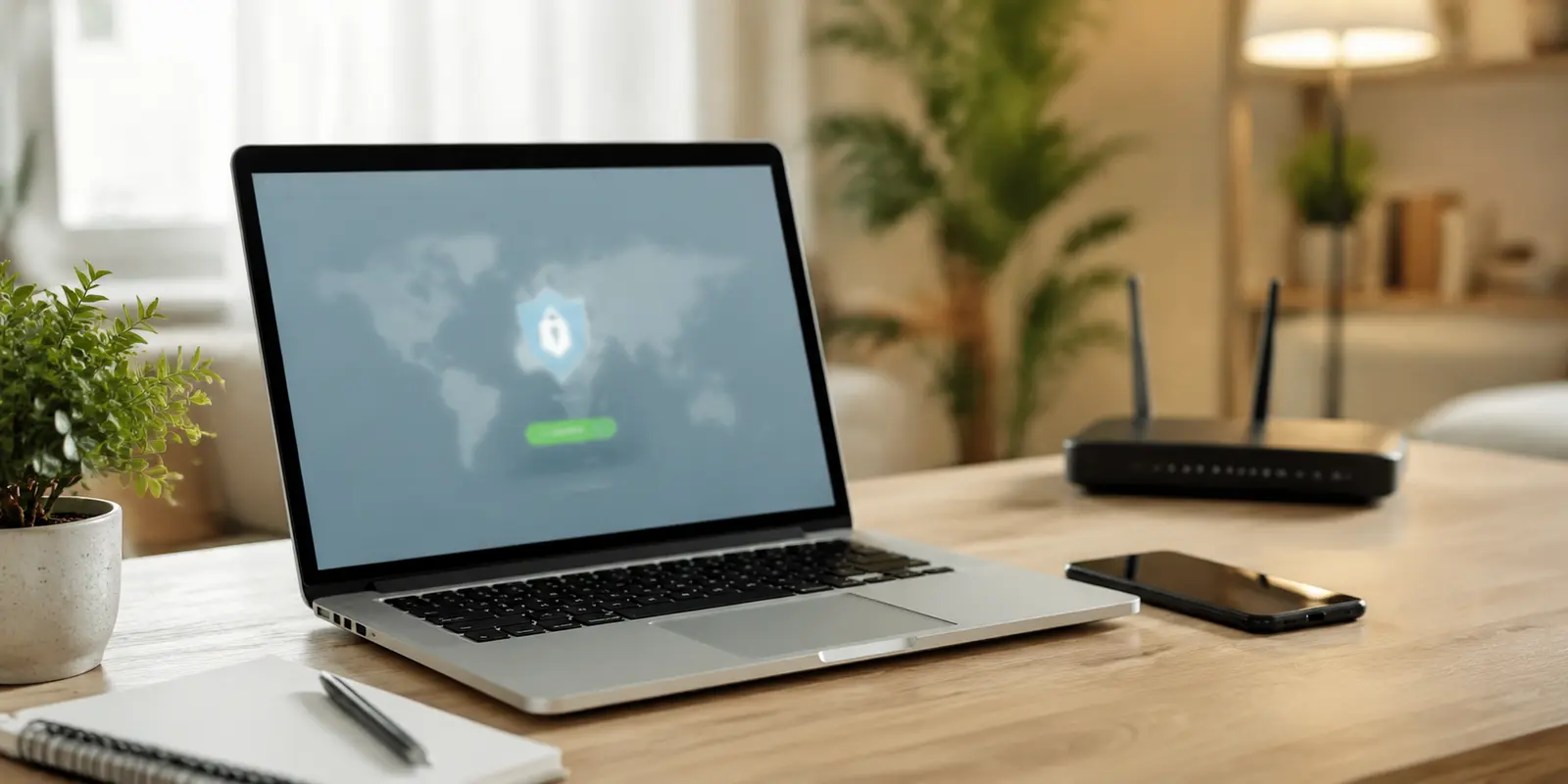 A smartphone with a simple VPN screen beside a notebook and home router
