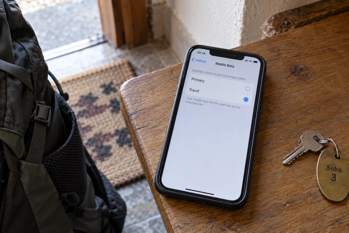 A phone selects a travel data plan at a guesthouse.
