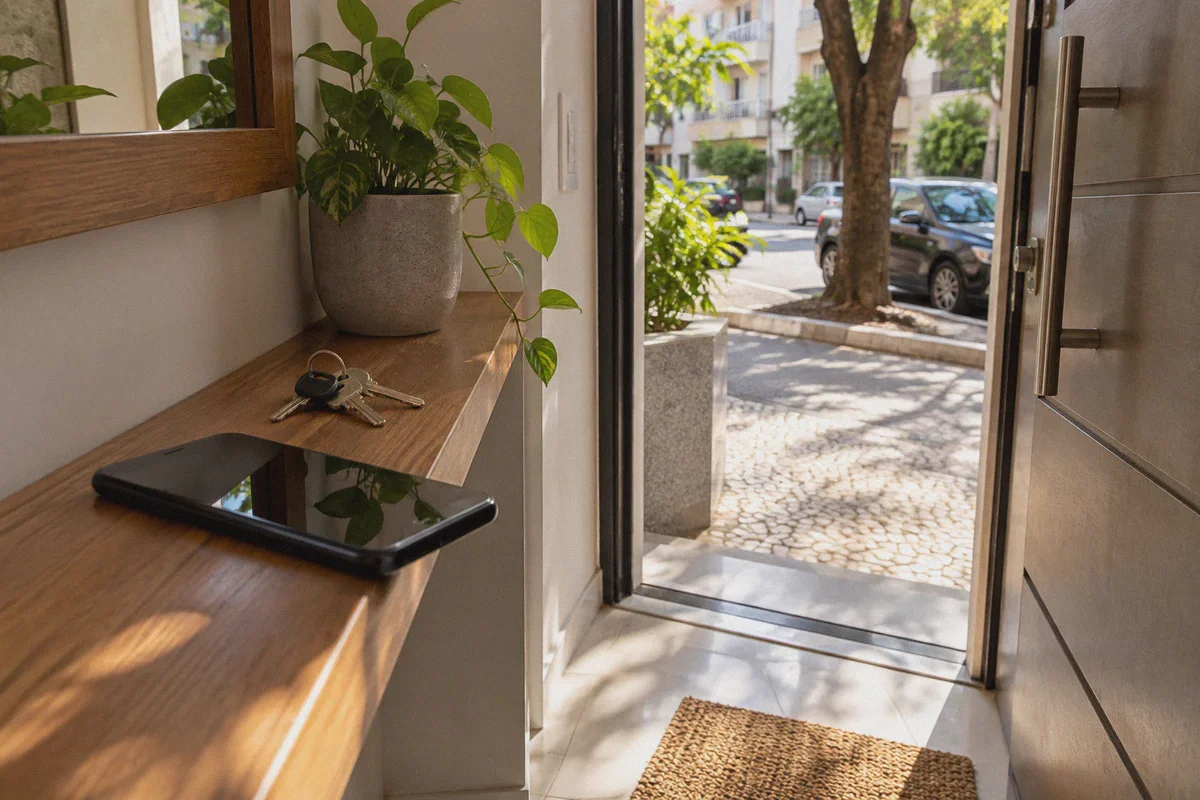 Phone and keys at an apartment entrance