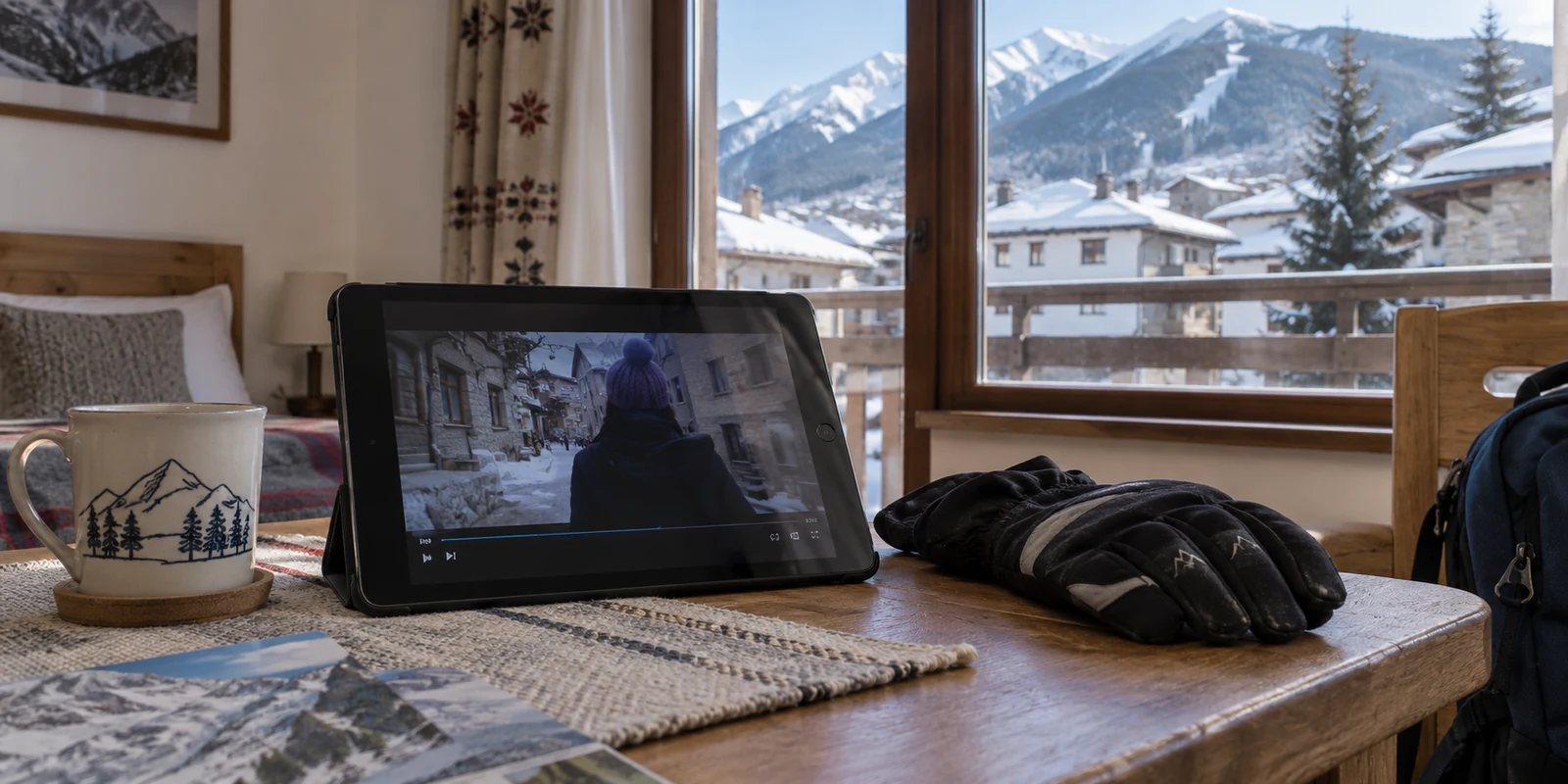 A tablet playing video in a Bansko guesthouse during a ski trip.