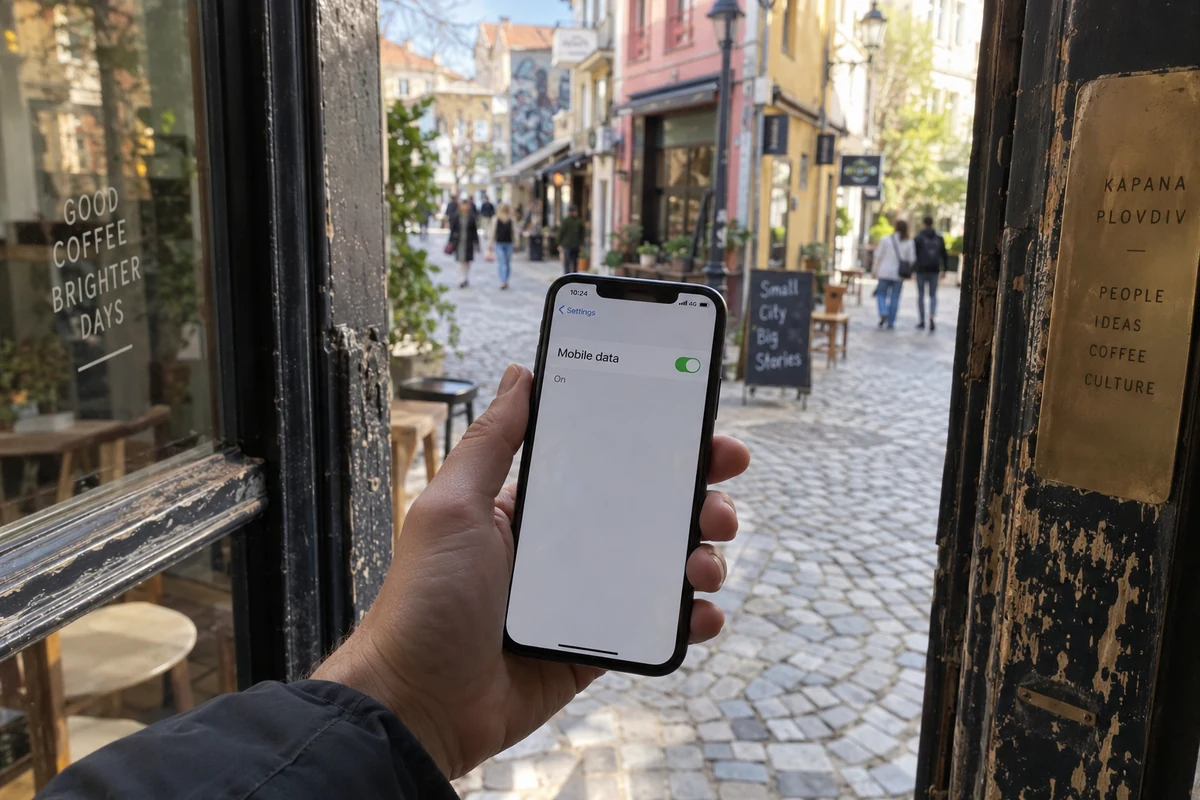A traveler checking mobile data while leaving a café in Plovdiv.