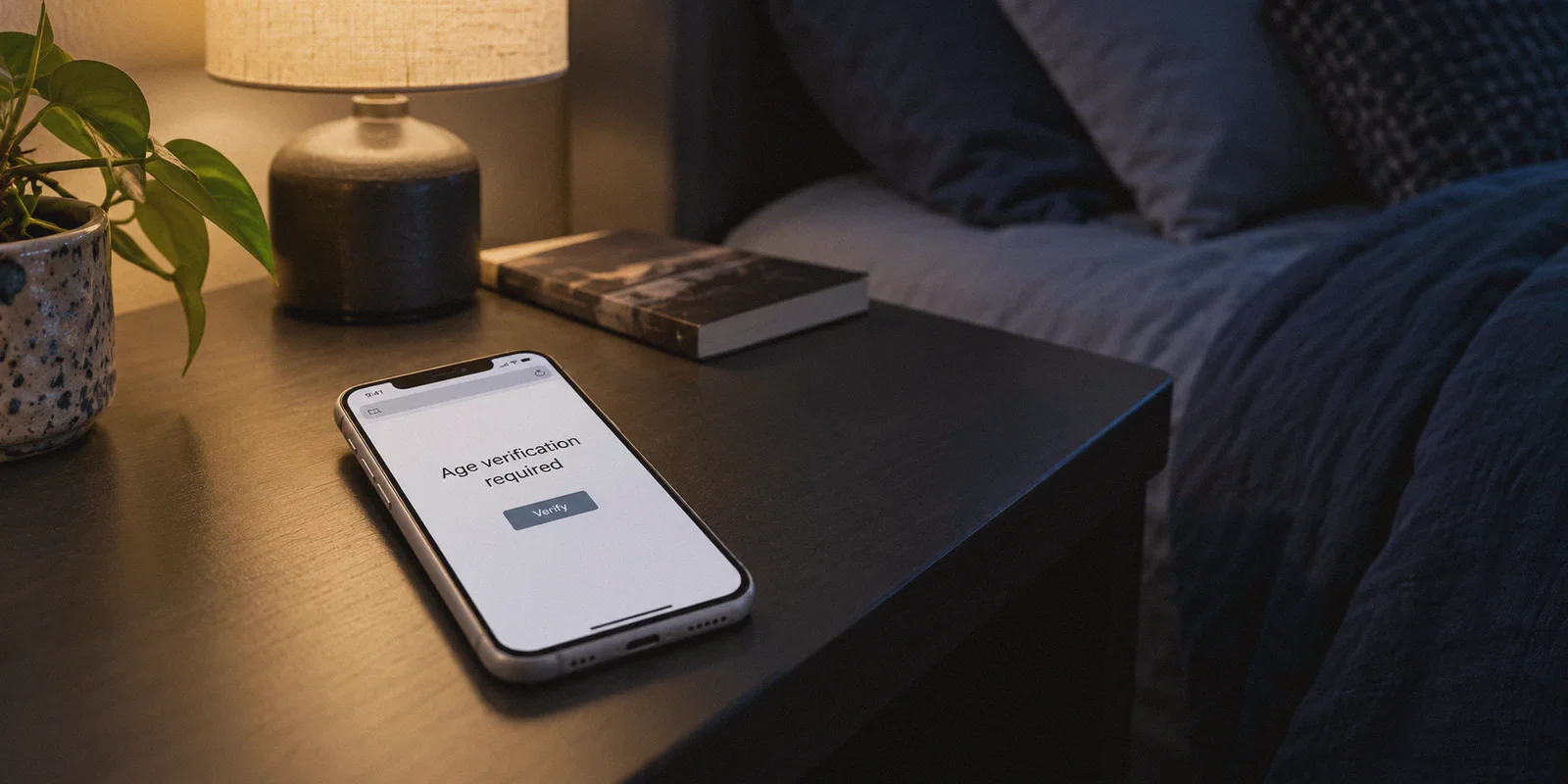 A phone showing an age-verification request on a bedside table.