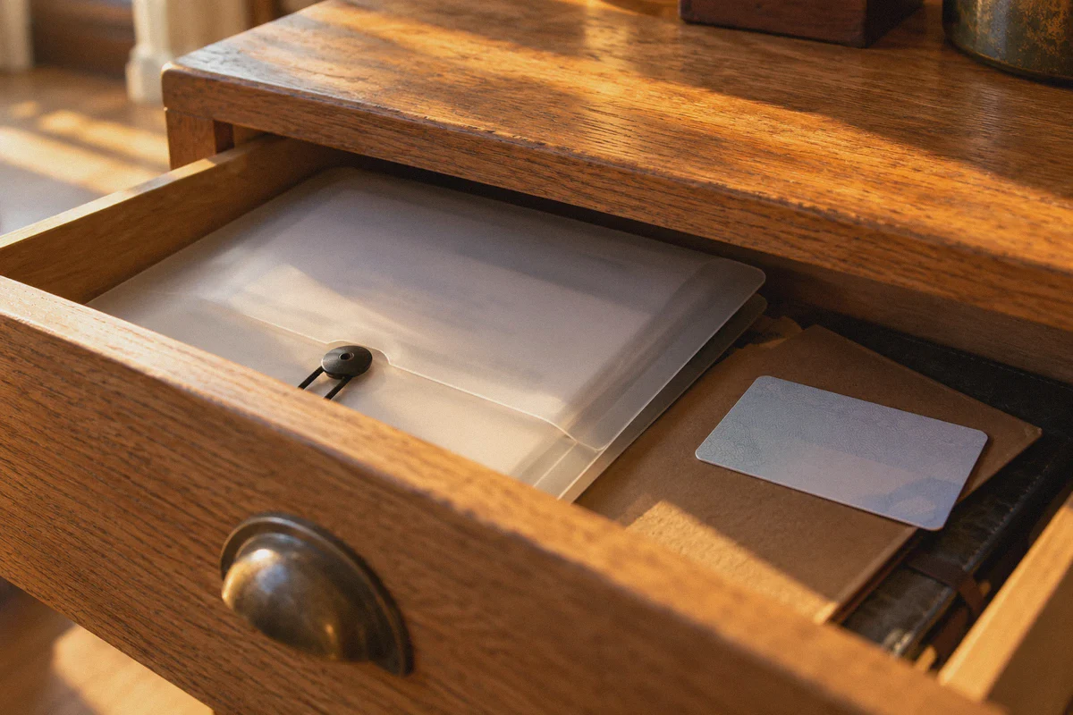 An identity card stored face down in a drawer.