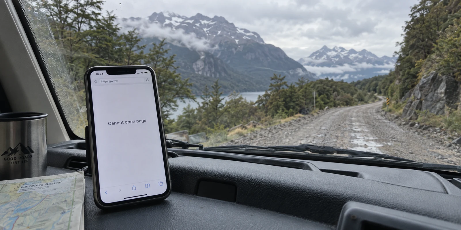 A phone browser failing to open a page on a remote Patagonian road in Chile.