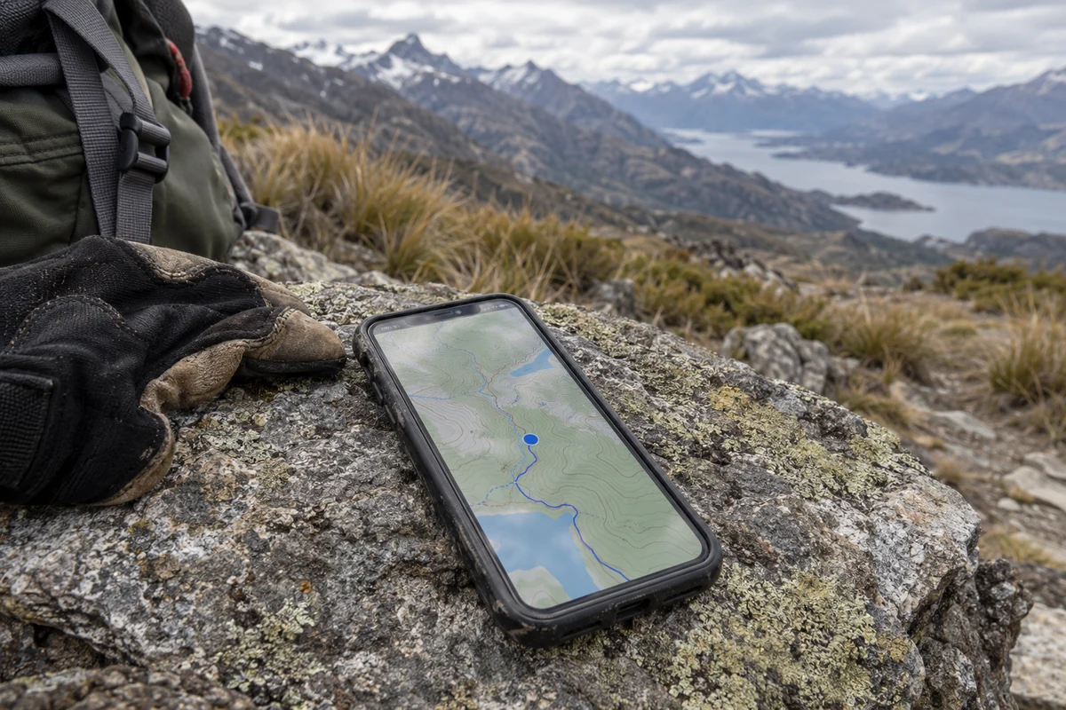A phone displaying a topographic navigation route at a Patagonian trail rest point.
