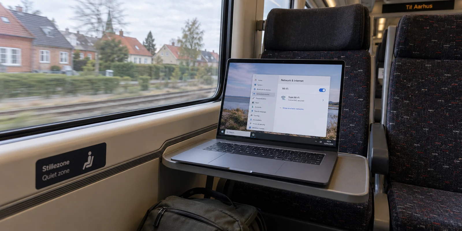 A laptop uses shared Wi-Fi on an intercity train in Denmark.