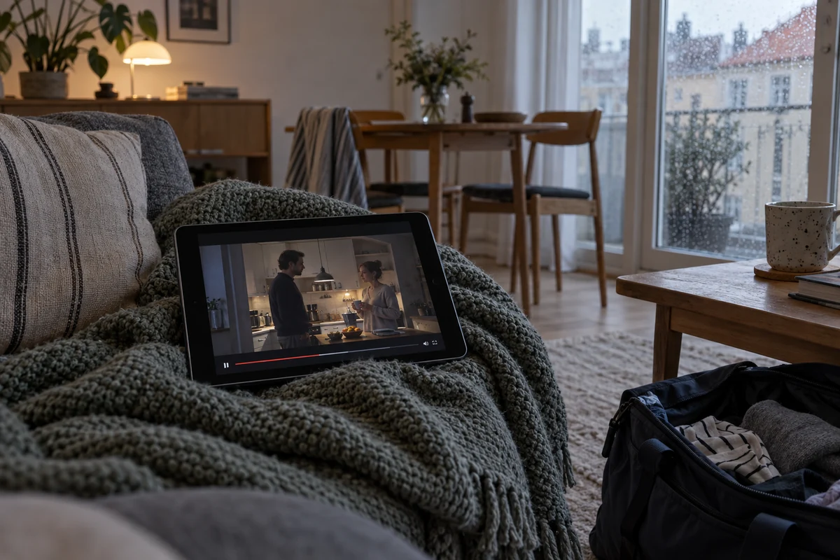 A tablet plays a drama in a Copenhagen holiday rental.