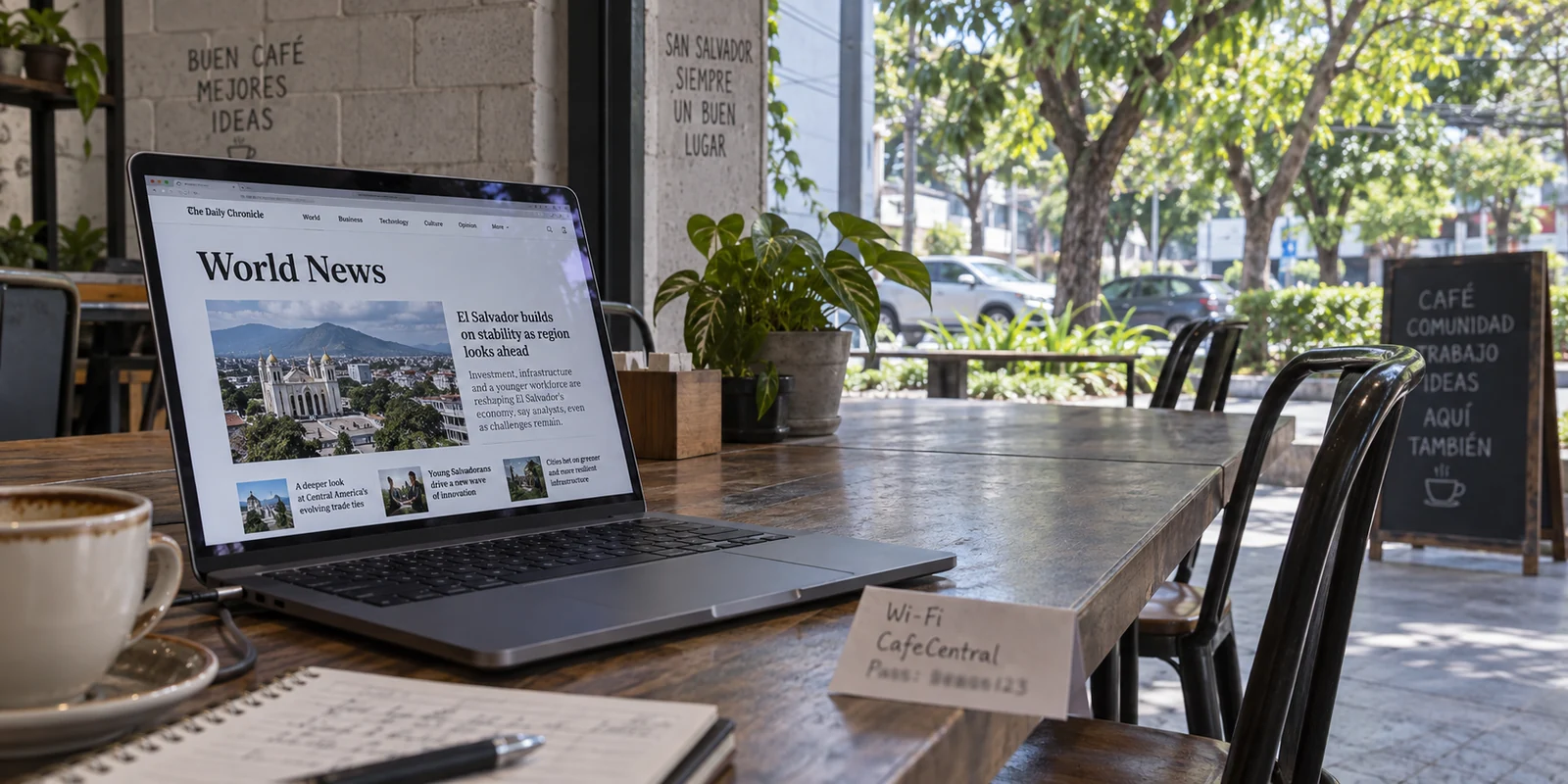 A news page loads normally on a laptop at a shared San Salvador café table.