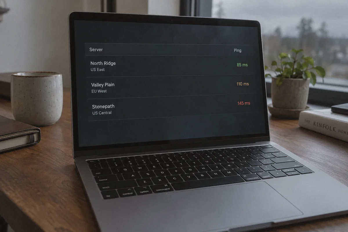 Regional server latency list on a laptop